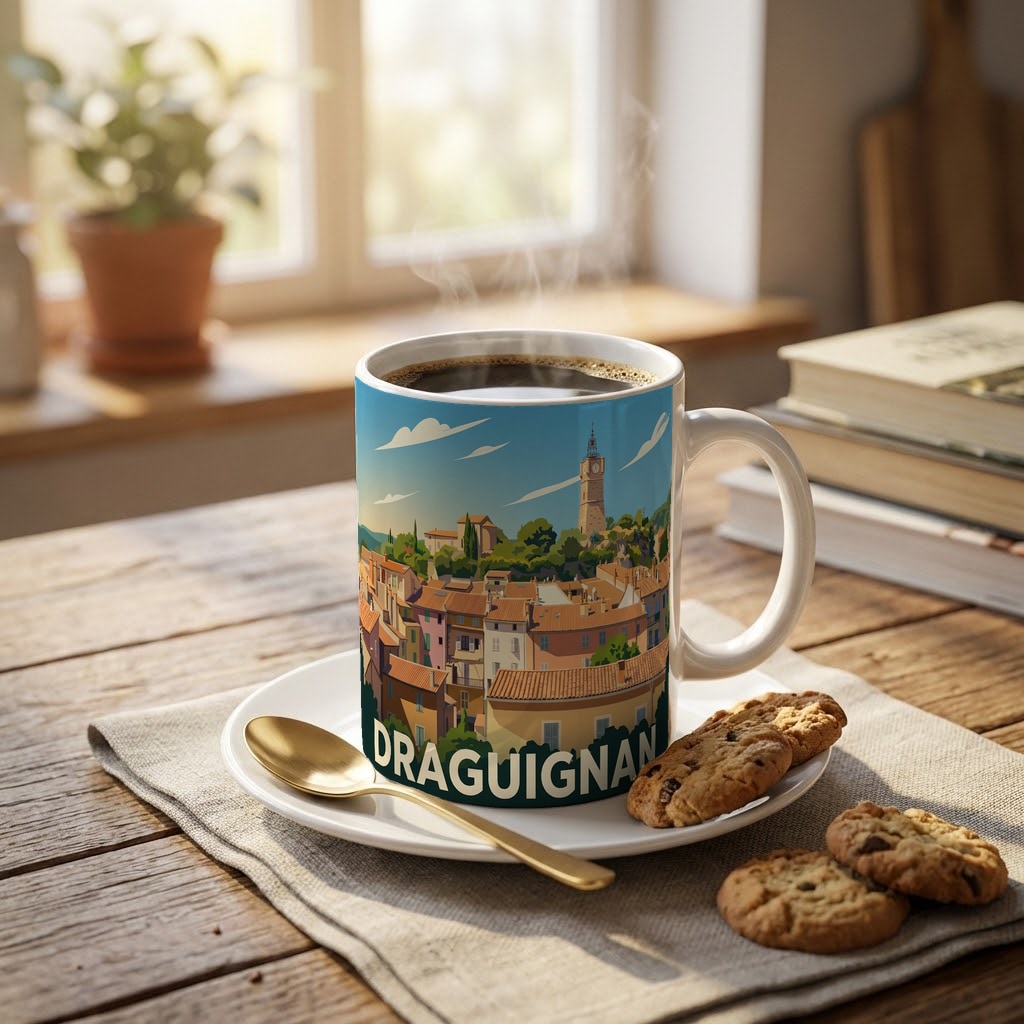 Mug souvenir de la ville de Draguignan avec une illustration stylisée.