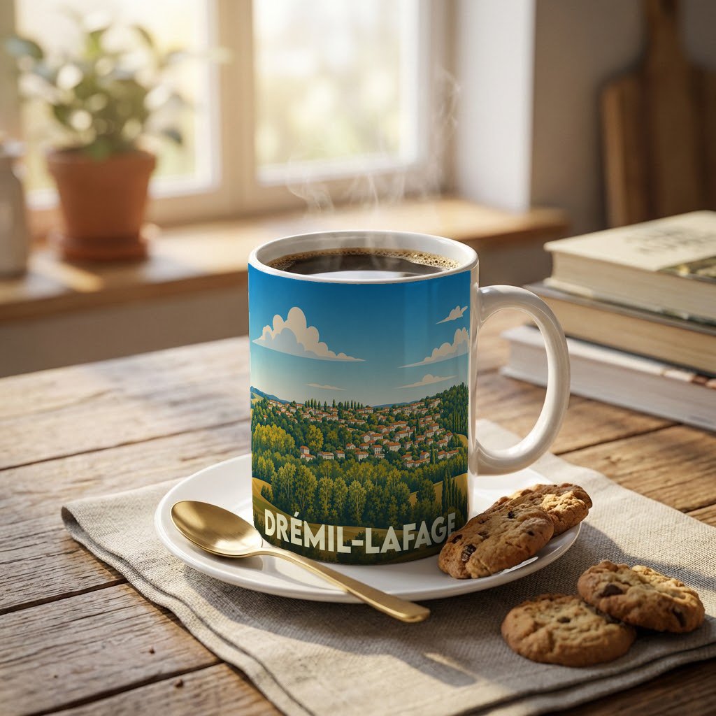 Mug souvenir de la ville de Drémil-Lafage avec une illustration paysagère stylisée.