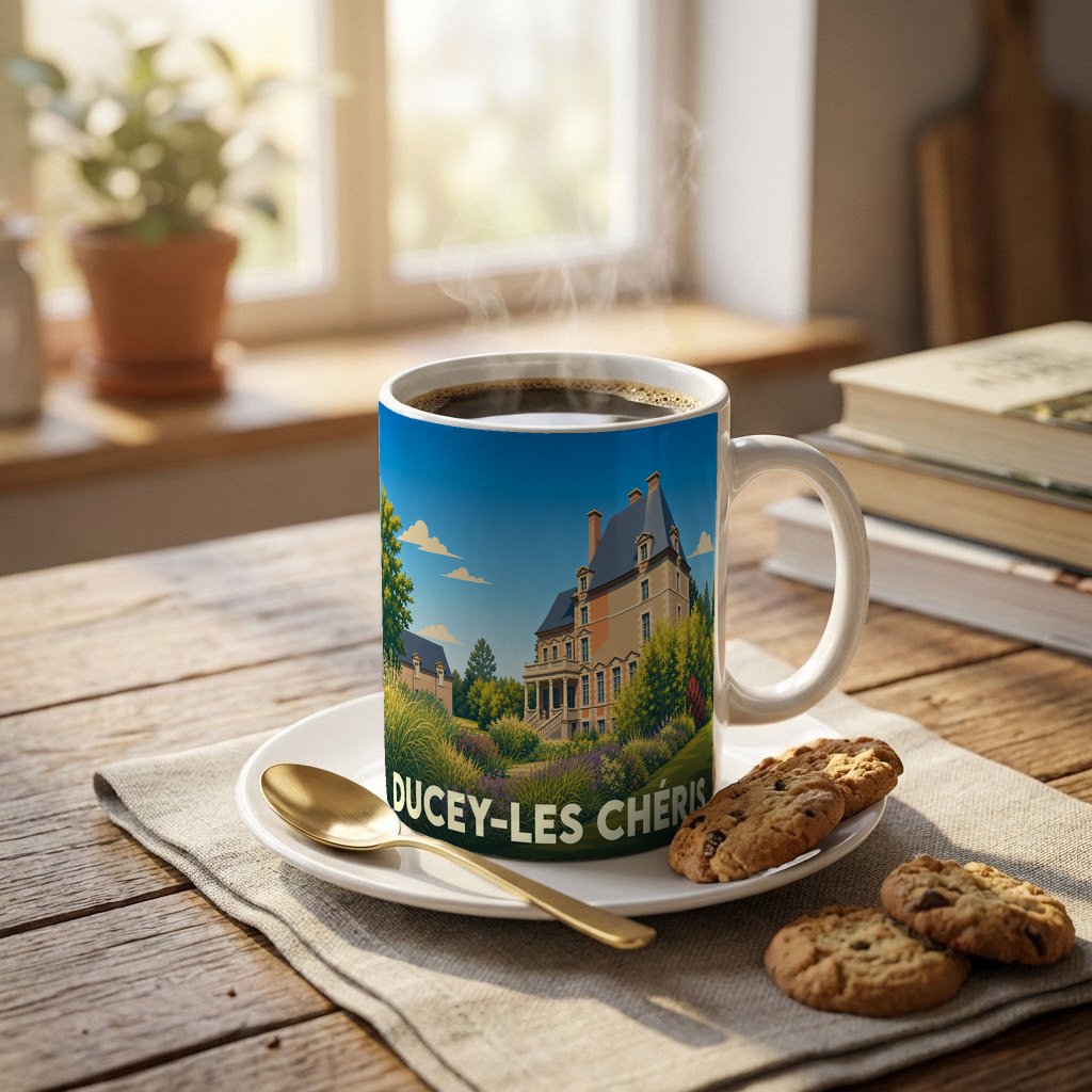 Mug souvenir de la ville de Ducey-les Chéris illustré d'un château pittoresque dans un style graphique.