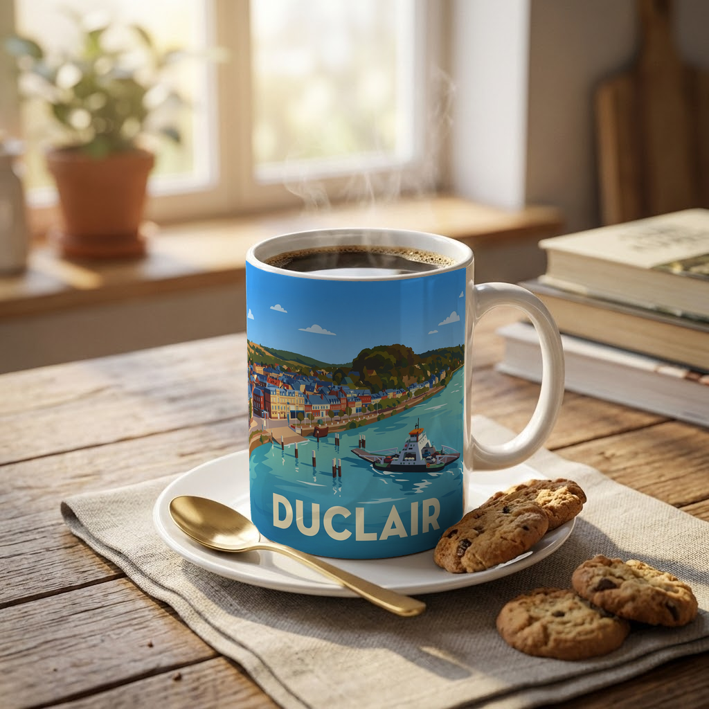 Mug souvenir de la ville de Duclair avec une illustration stylisée.