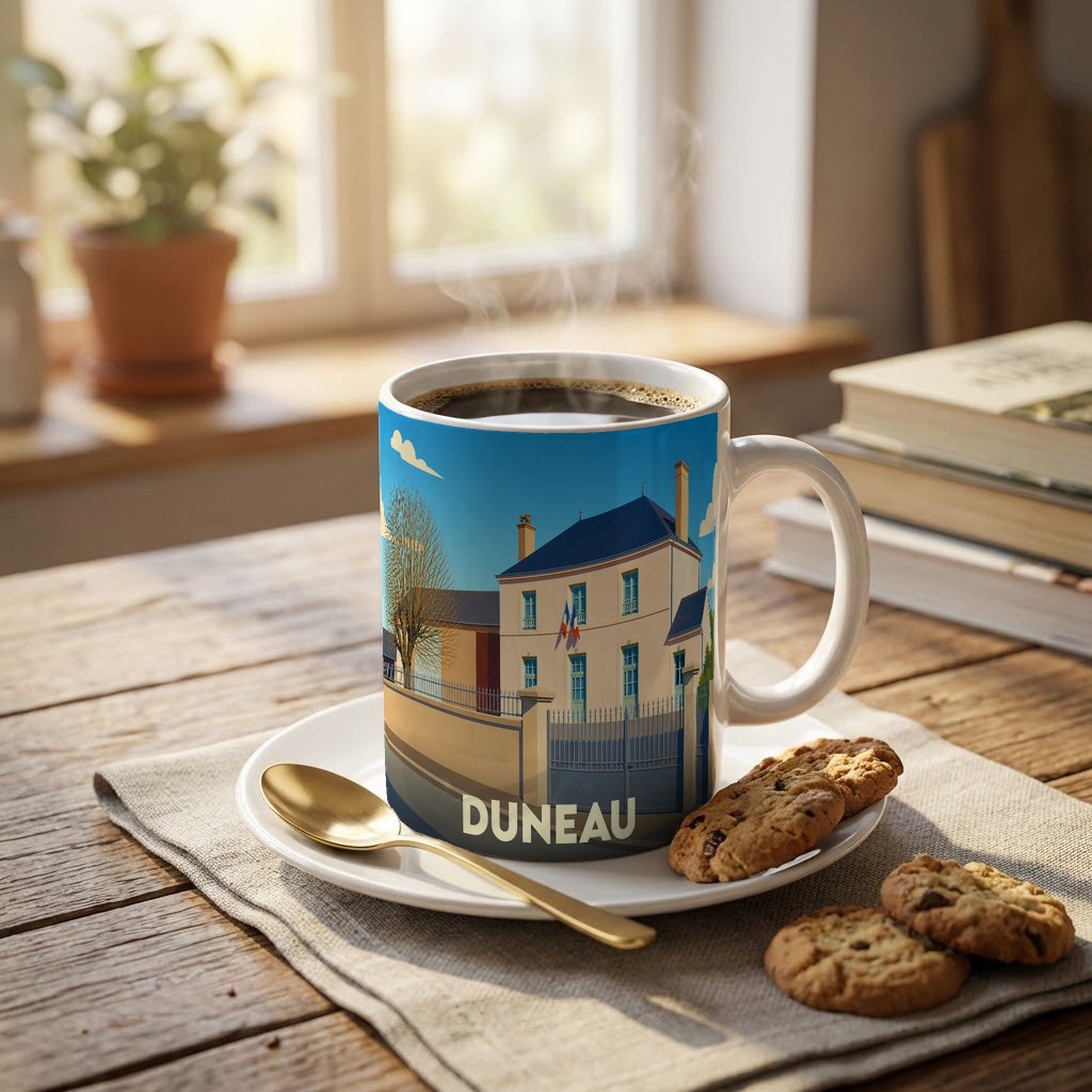 Mug souvenir de la ville de Duneau orné d'une illustration stylisée d'un bâtiment typique.