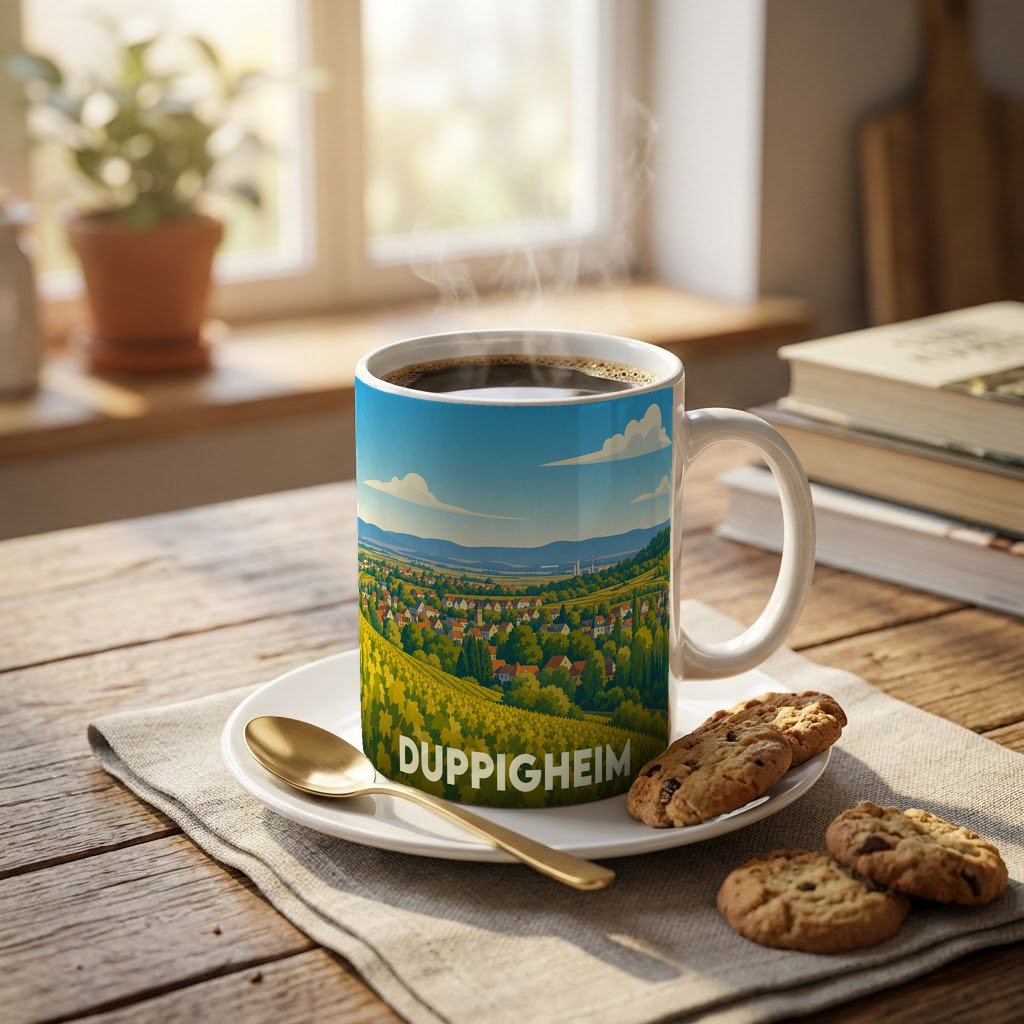 Mug souvenir de la ville de Duppigheim illustré d'un paysage de vignobles et de maisons alsaciennes.