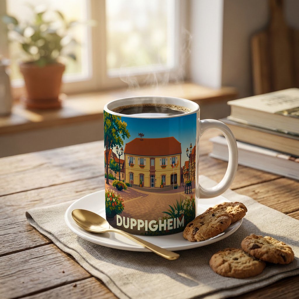 Mug souvenir de la ville de Duppigheim orné d'une illustration stylisée de sa place principale.