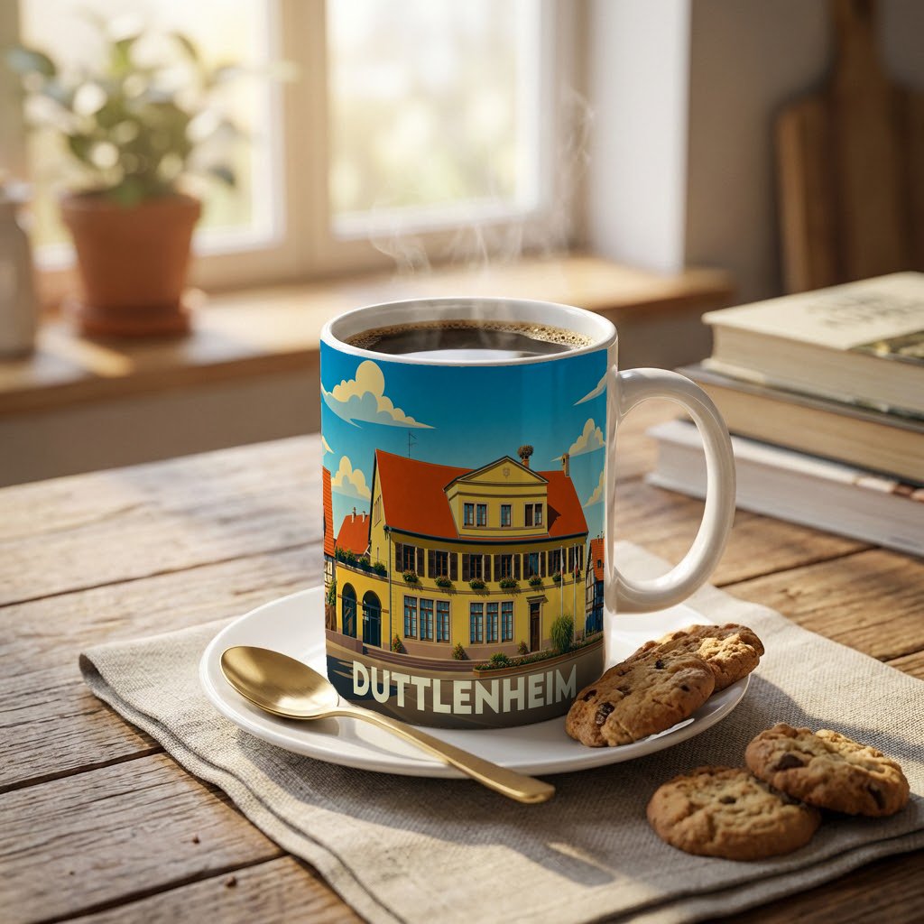 Mug souvenir de la ville de Duttlenheim illustré d'un bâtiment typique alsacien.