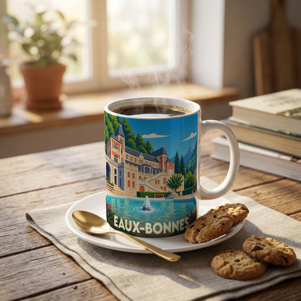 Mug souvenir de la ville de Eaux-Bonnes illustré d'un paysage thermal rétro.