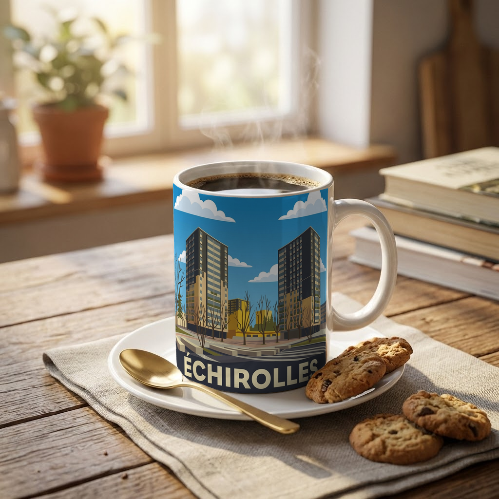 Mug souvenir de la ville d'Échirolles avec une illustration stylisée.