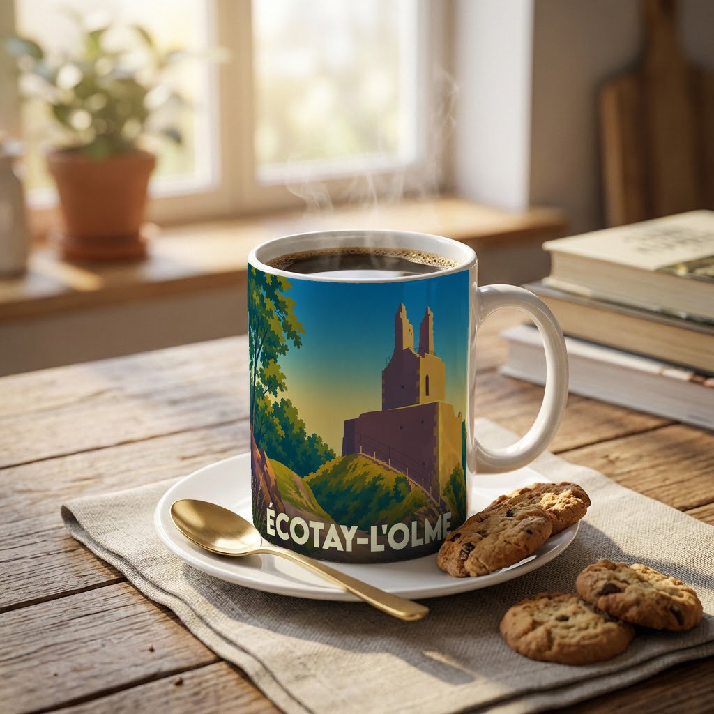 Mug souvenir de la ville de Écotay-l'Olme avec une illustration stylisée d'un monument historique sur fond de paysage.