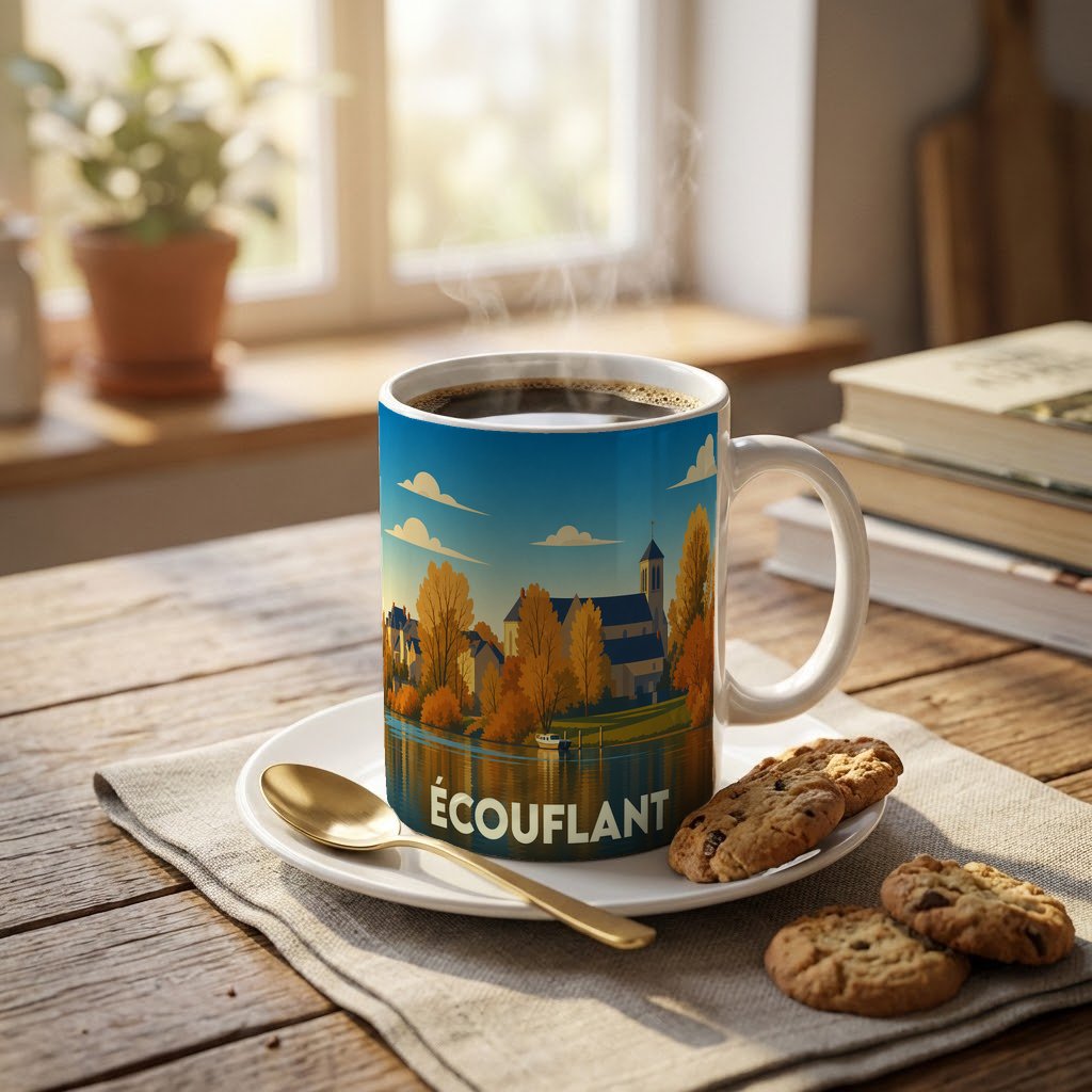 Mug souvenir de la ville de Écouflant orné d'une illustration stylisée représentant un paysage automnal au bord de l'eau.