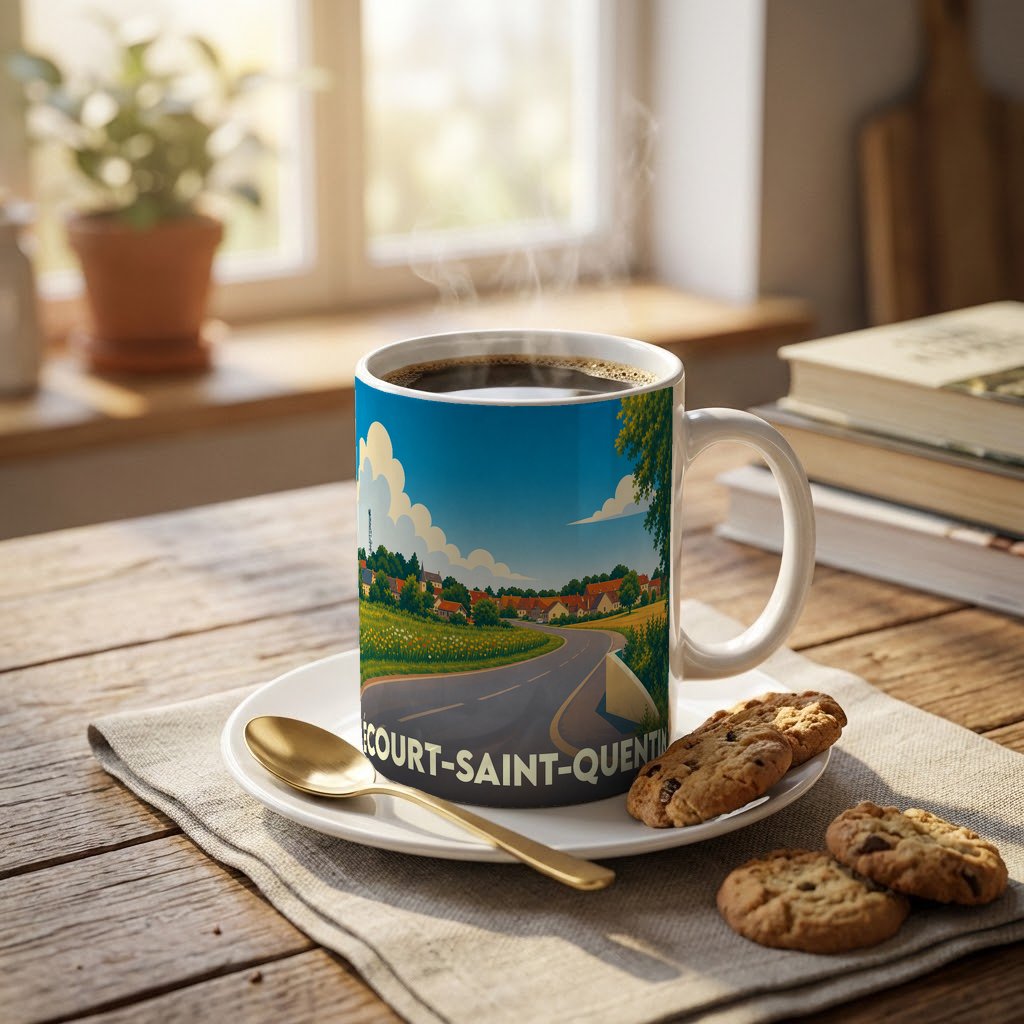 Mug souvenir de la ville de Écourt-Saint-Quentin avec une illustration stylisée.