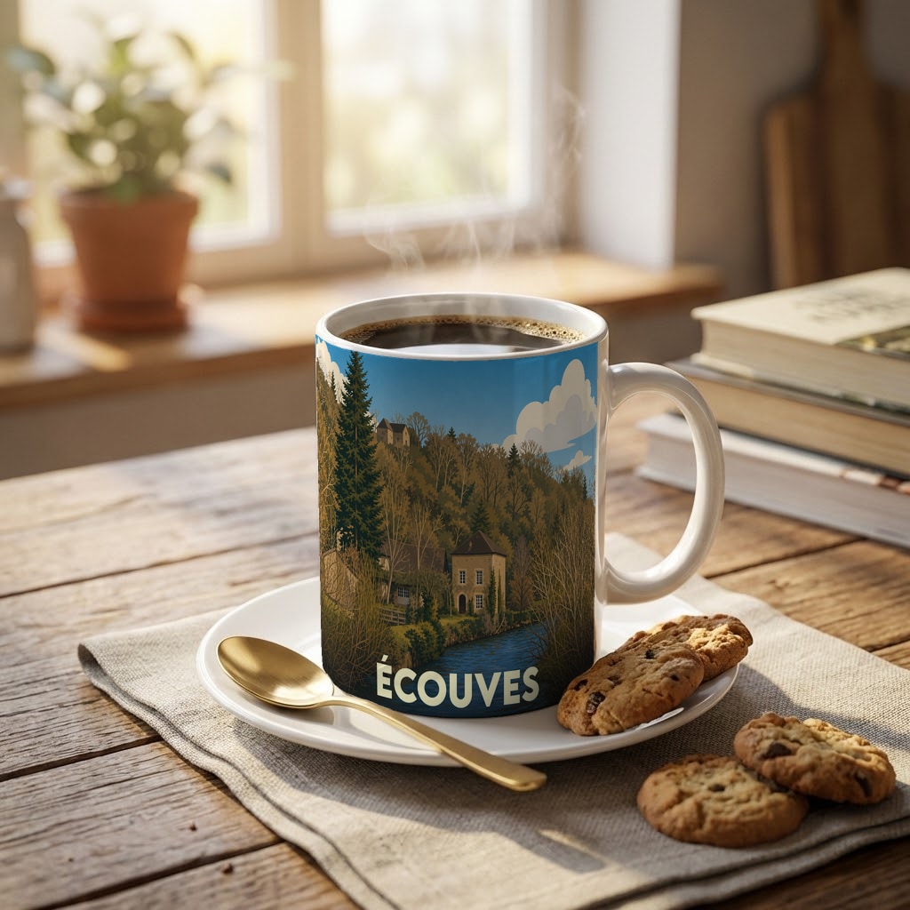 Mug souvenir de la ville d'Écouves illustré d'un paysage forestier stylisé.