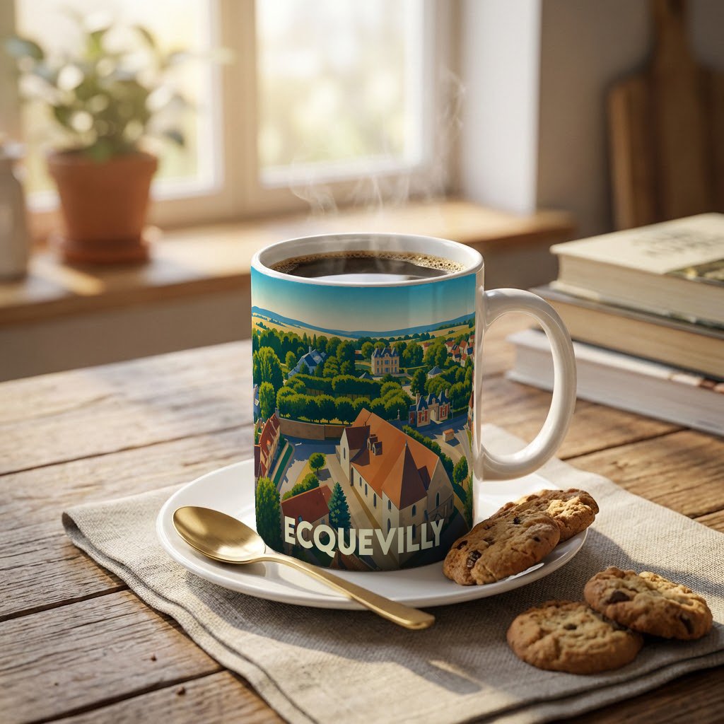 Mug souvenir de la ville d'Ecquevilly avec une illustration stylisée de ses paysages et bâtiments.