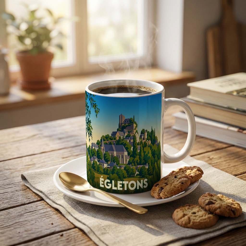 Mug souvenir de la ville d'Égletons arborant une illustration stylisée de sa cité médiévale et de ses paysages verdoyants.