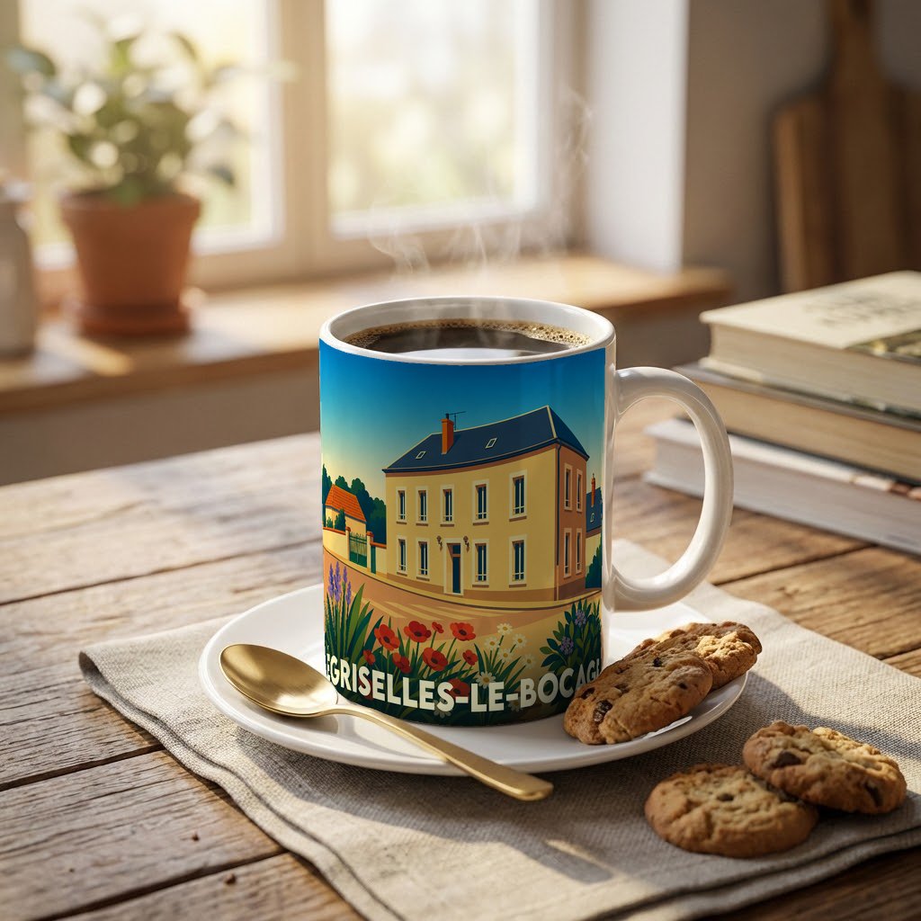 Mug souvenir de la ville d'Égriselles-le-Bocage orné d'une illustration stylisée de sa mairie et de fleurs des champs.
