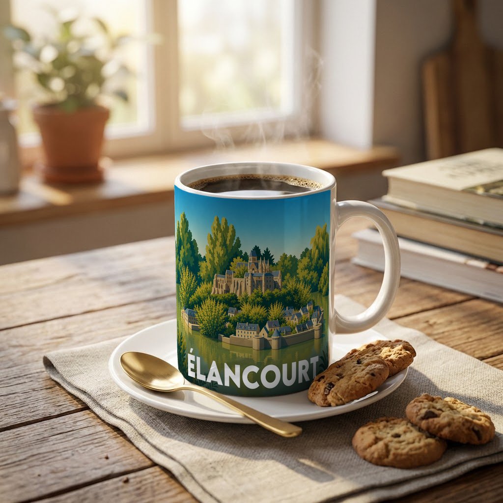 Mug souvenir de la ville d'Élancourt avec une illustration stylisée de son patrimoine entouré de verdure.