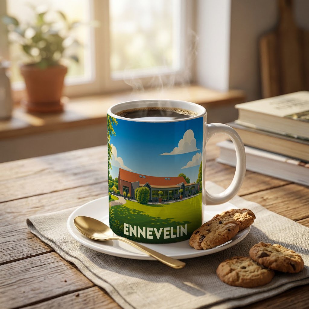 Mug souvenir de la ville d'Ennevelin avec une illustration stylisée d'un bâtiment sous un ciel bleu.