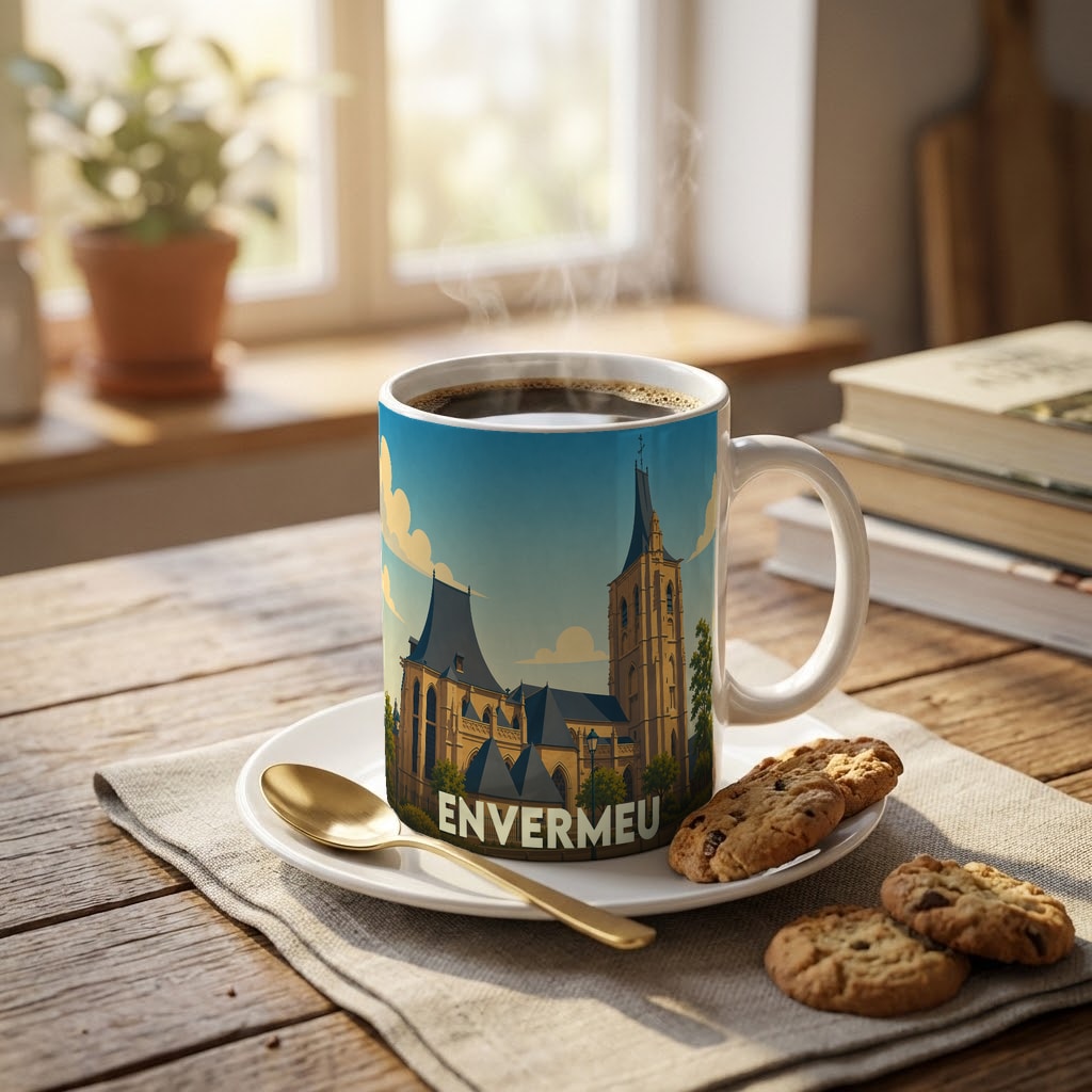 Mug souvenir de la ville d'Envermeu avec une illustration stylisée d'église.