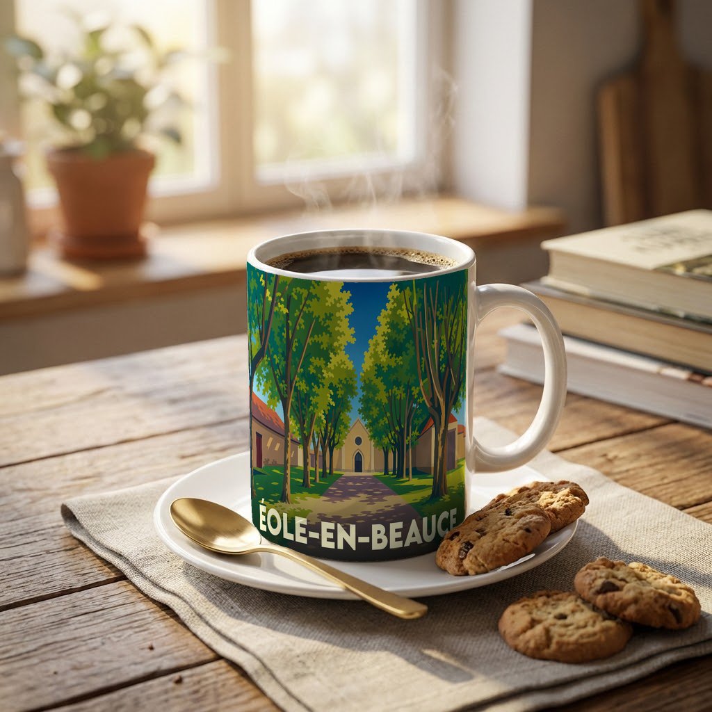 Mug souvenir de la commune d'Éole-en-Beauce arborant une illustration stylisée d'un paysage arboré.