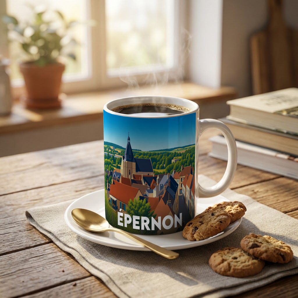Mug souvenir de la ville d'Épernon avec une illustration stylisée.