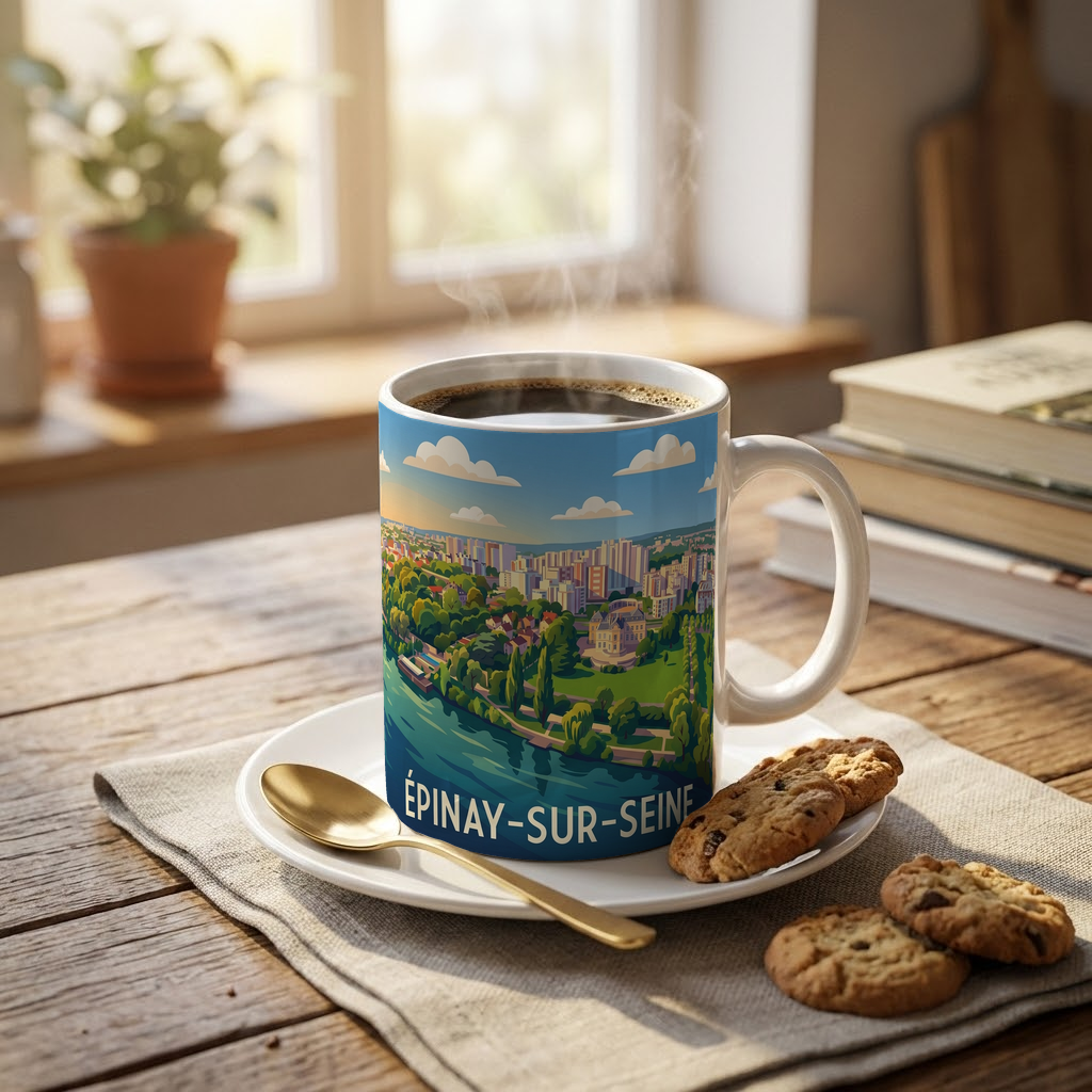 Mug souvenir de la ville d'Épinay-sur-Seine avec une illustration stylisée.