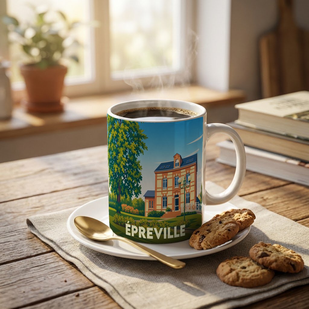 Mug souvenir de la ville d'Épreville orné d'une illustration stylisée d'une maison de maître.
