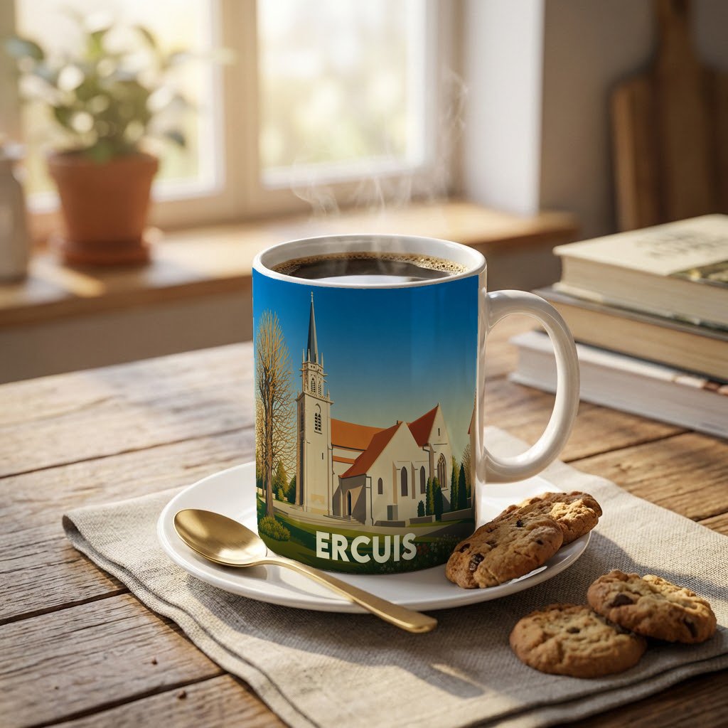 Mug souvenir de la ville d'Ercuis avec une illustration stylisée d'une église sur fond bleu.