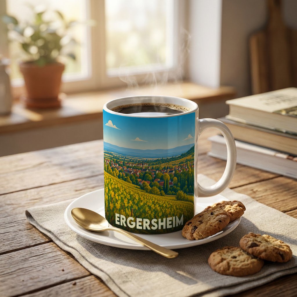 Mug souvenir de la ville d'Ergersheim avec une illustration stylisée de ses paysages vallonnés.