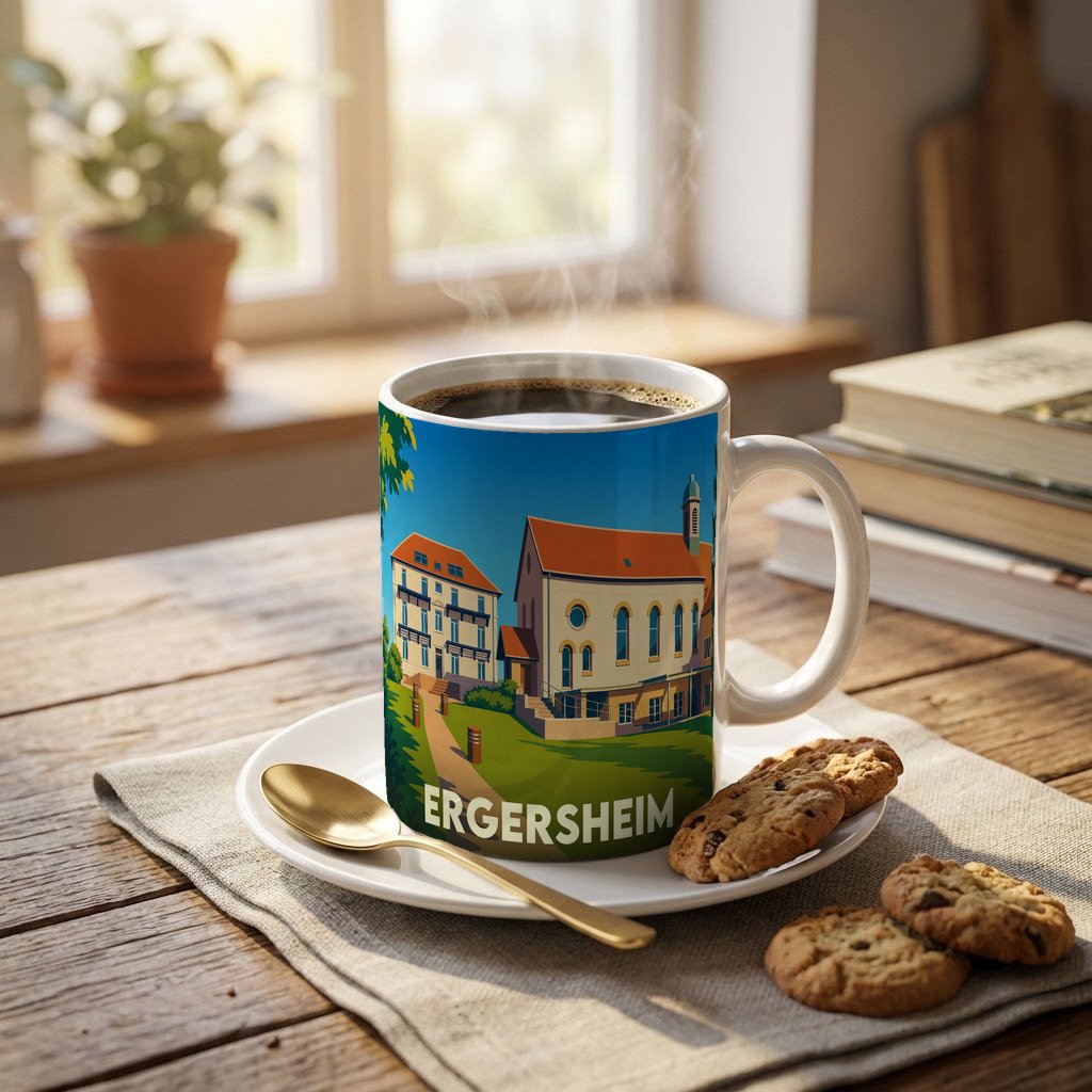 Mug souvenir de la ville d'Ergersheim orné d'une illustration stylisée de ses bâtiments emblématiques.