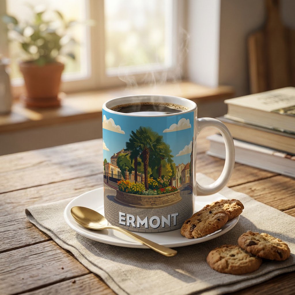 Mug souvenir de la ville d'Ermont avec une illustration stylisée.