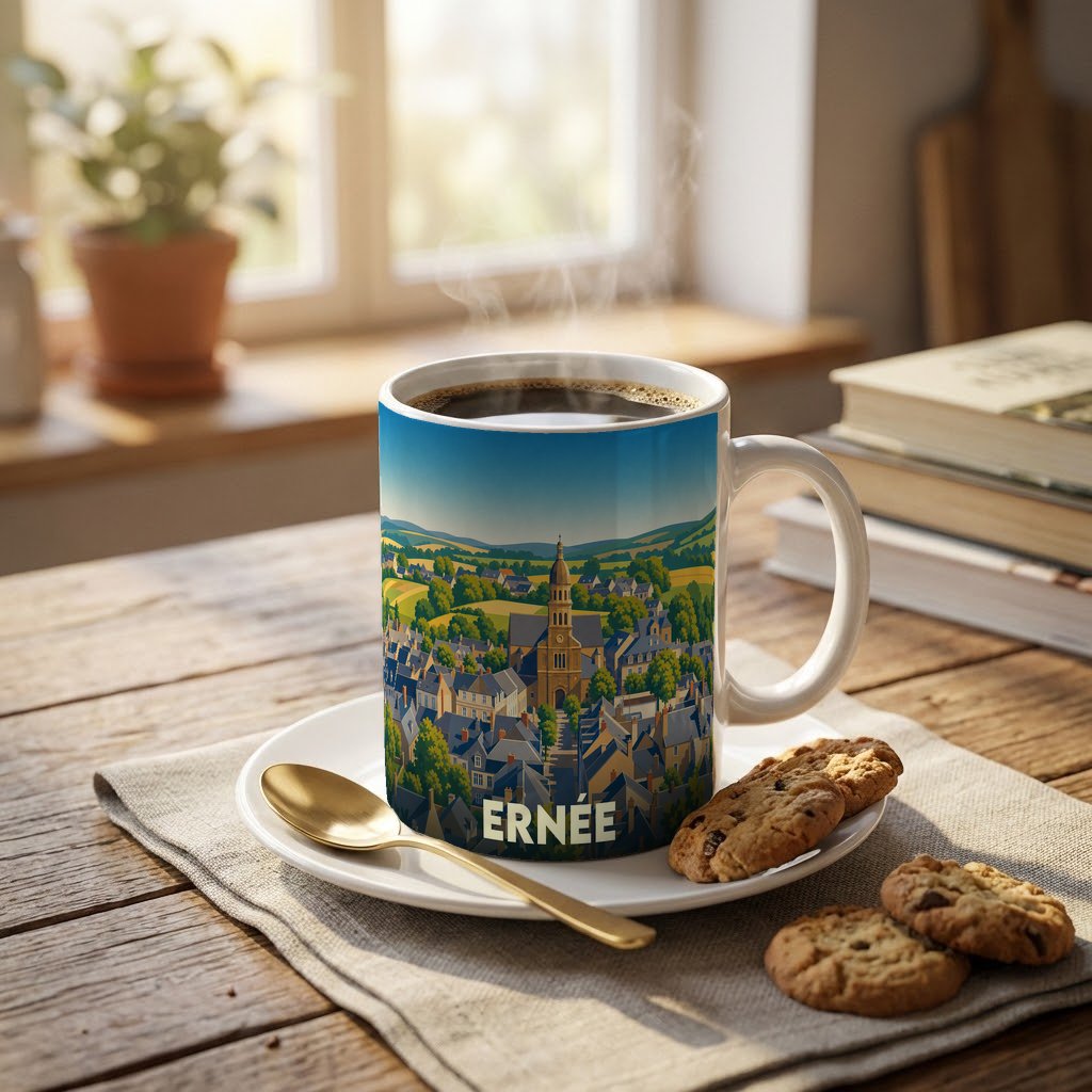 Mug souvenir de la ville de Ernée avec une illustration stylisée.