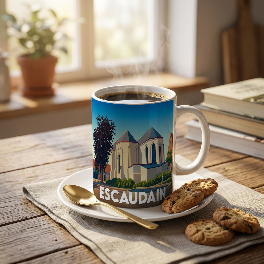 Mug souvenir de la ville d'Escaudain avec une illustration stylisée de son patrimoine architectural.