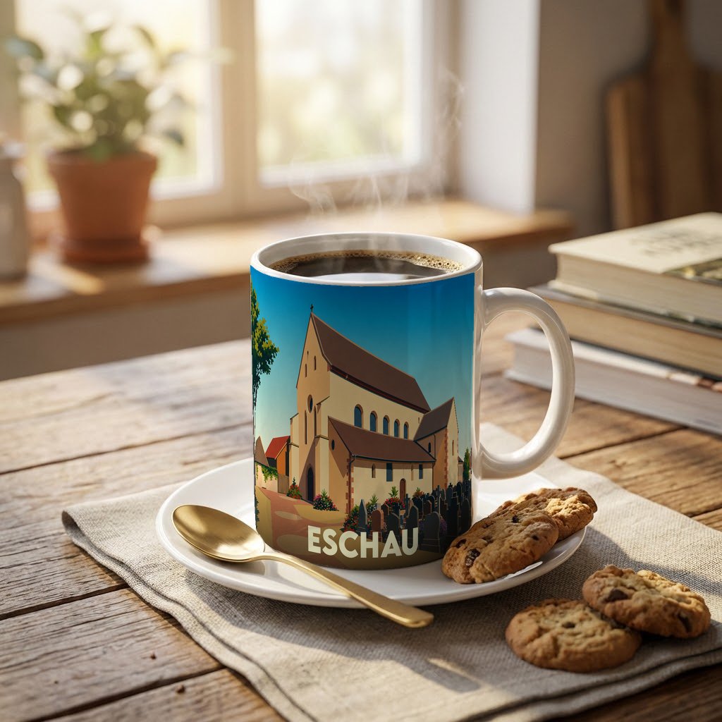 Mug souvenir de la ville d'Eschau avec une illustration stylisée d'une église historique.