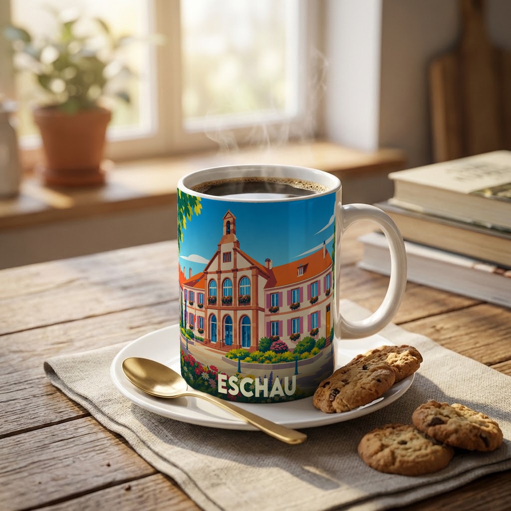 Mug souvenir de la ville d'Eschau orné d'une illustration colorée de l'hôtel de ville.