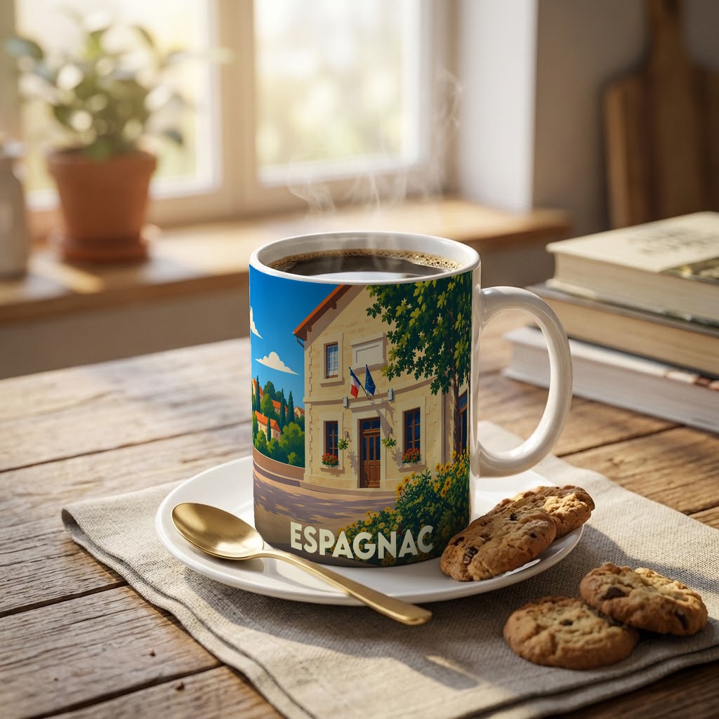 Mug souvenir de la ville d'Espagnac avec une illustration colorée et stylisée de sa mairie.