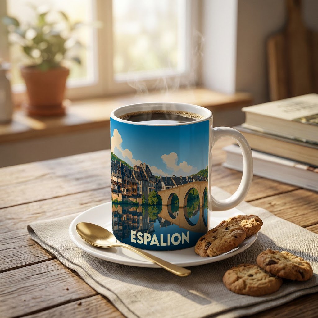 Mug souvenir de la ville d'Espalion orné d'une illustration stylisée de son célèbre pont vieux.