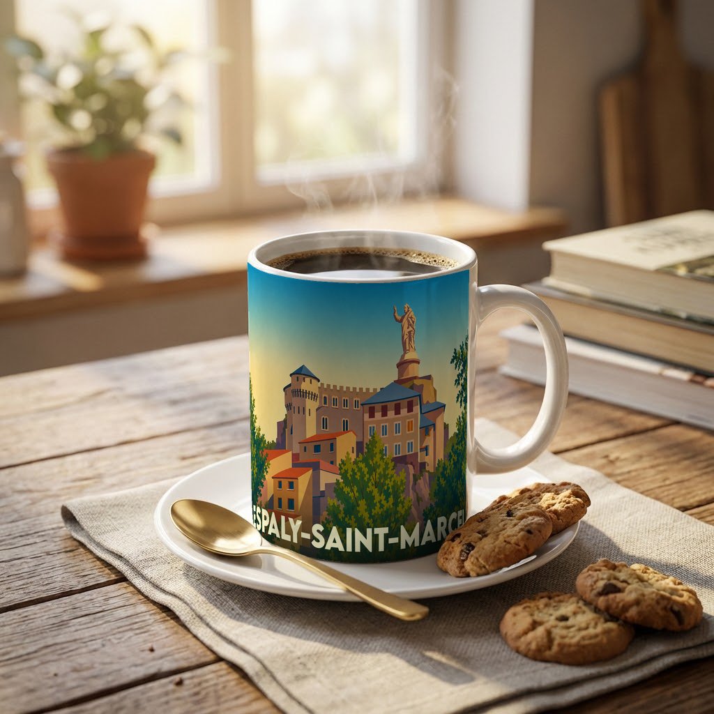 Mug souvenir de la ville d'Espaly-Saint-Marcel illustré d'une vue stylisée de ses monuments et paysages.