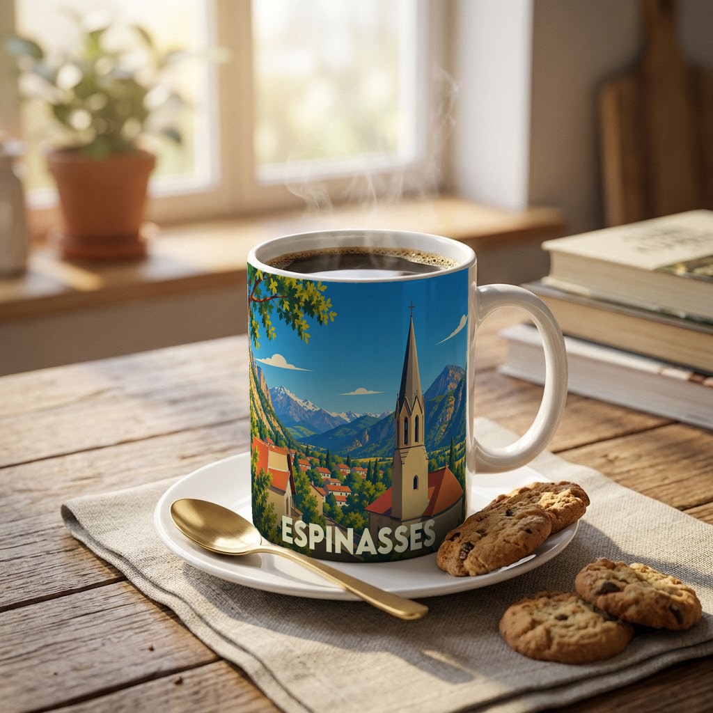 Mug souvenir de la ville d'Espinasses illustré d'un paysage montagneux stylisé.