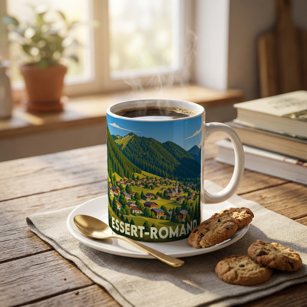 Mug souvenir de la ville d'Essert-Romand avec une illustration stylisée de ses paysages montagneux.