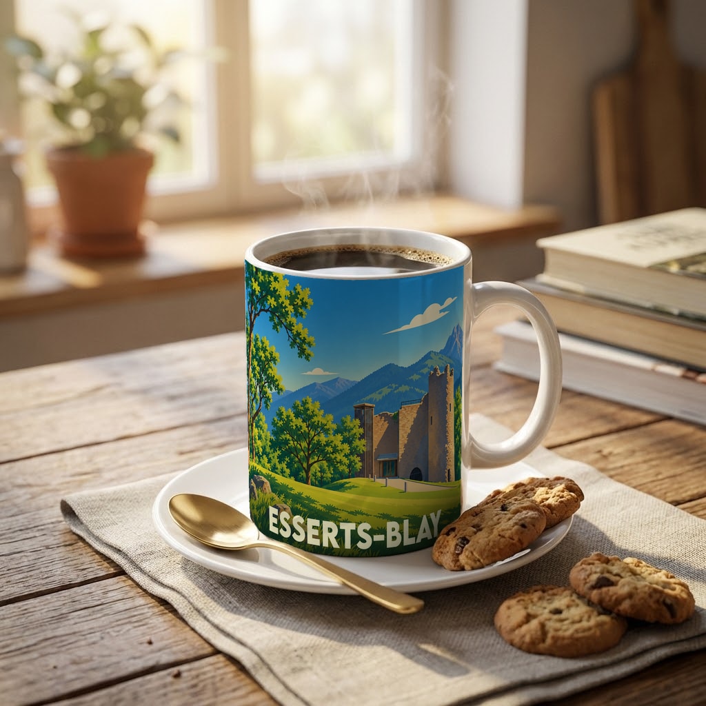 Mug souvenir de la ville d'Esserts-Blay orné d'une illustration stylisée de son château et de ses montagnes.