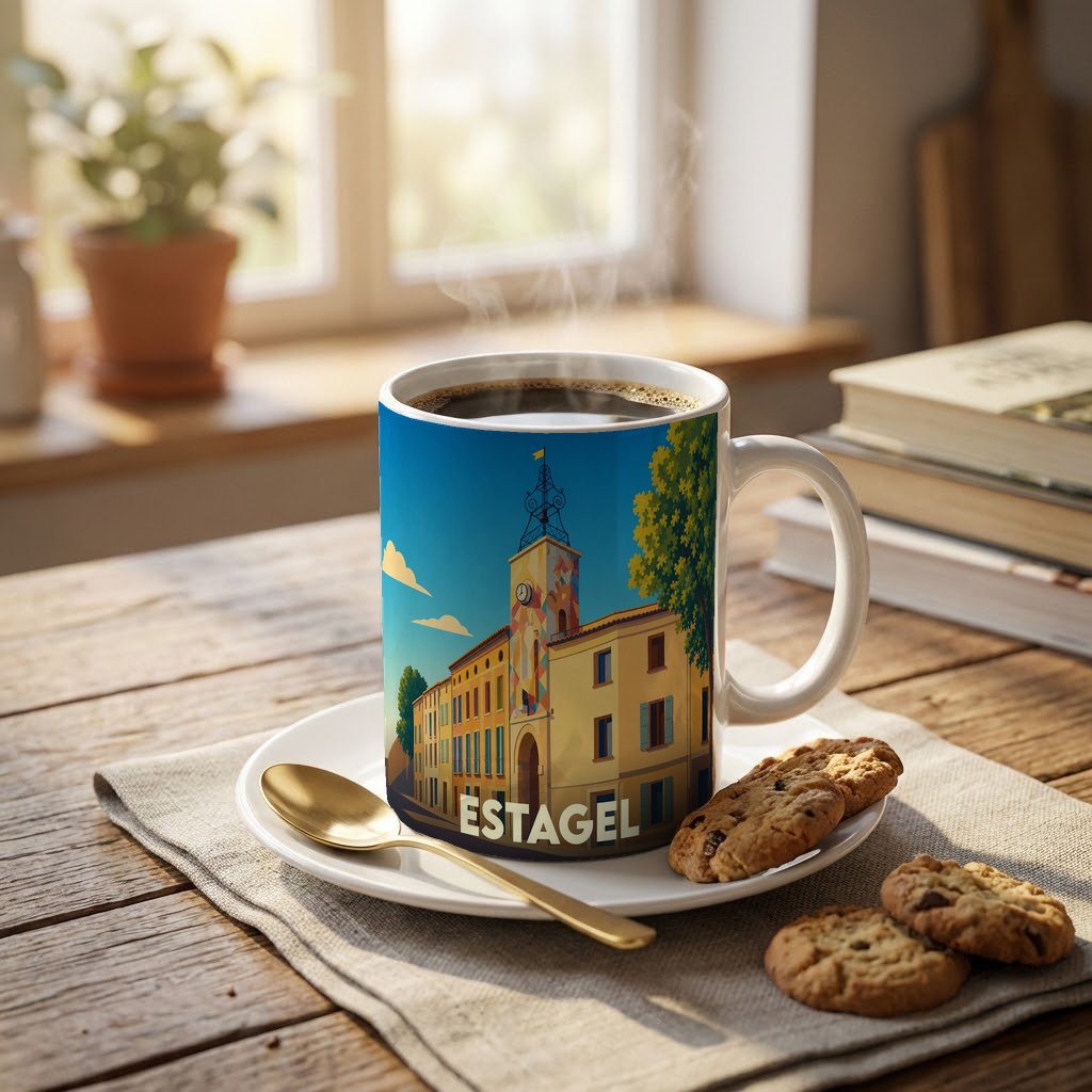 Mug souvenir de la ville d'Estagel orné d'une illustration stylisée de son architecture locale.