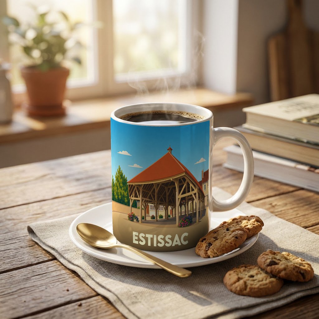 Mug souvenir de la ville d'Estissac avec une illustration stylisée de sa halle traditionnelle.