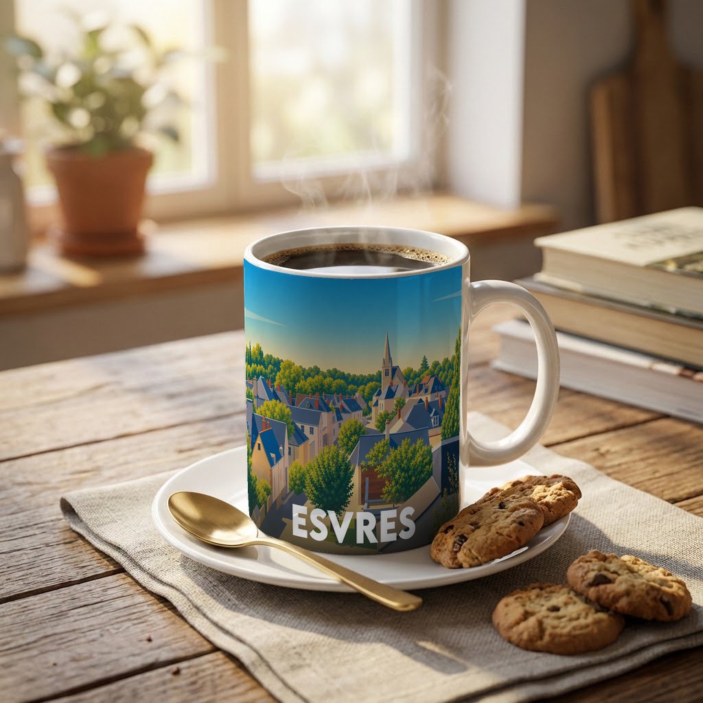 Mug souvenir de la ville d'Esvres orné d'une illustration stylisée du village et de son église.
