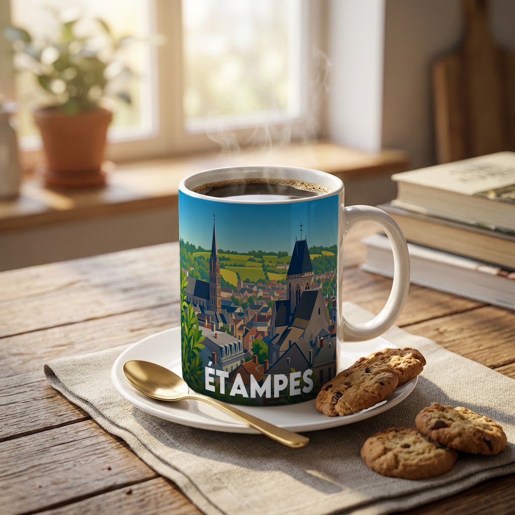 Mug souvenir de la ville d'Étampes avec une illustration panoramique stylisée.