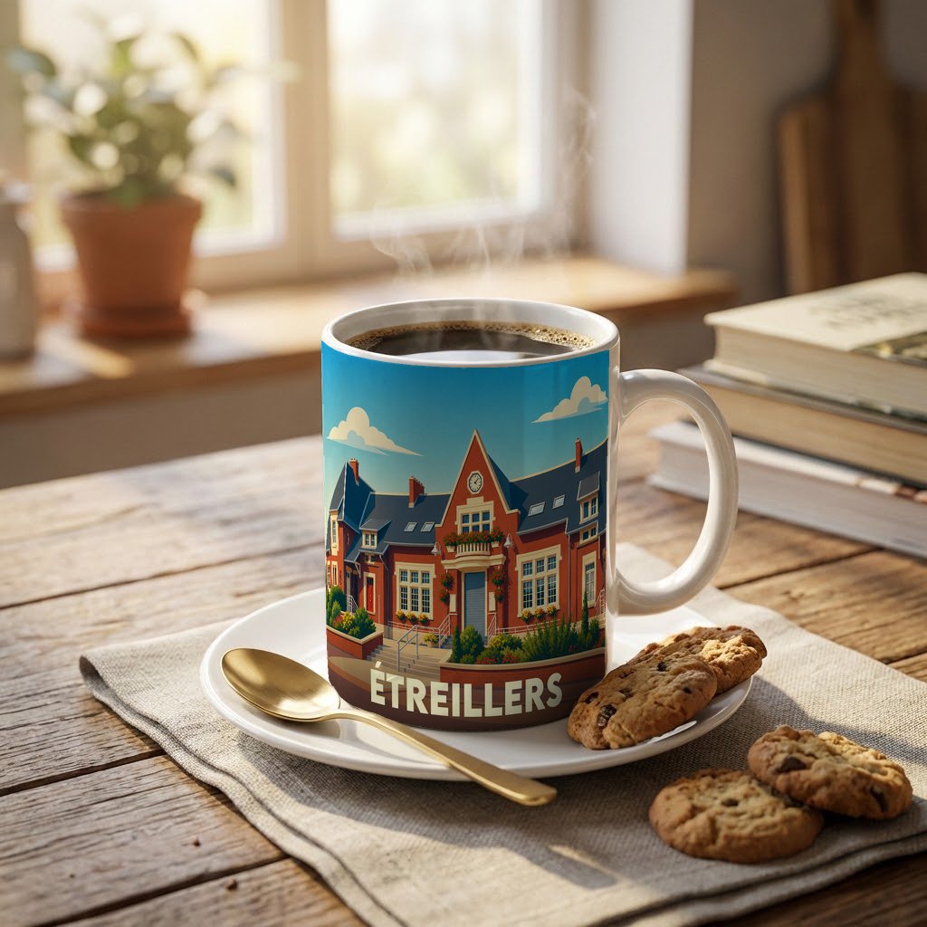 Mug souvenir de la ville d'Étreillers avec une illustration stylisée d'un bâtiment emblématique.