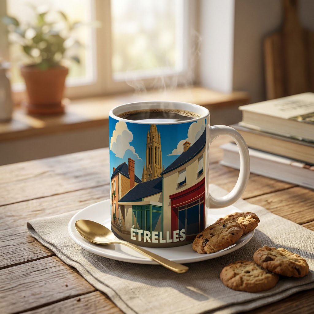 Mug souvenir de la ville d'Étrelles avec une illustration stylisée de son architecture.