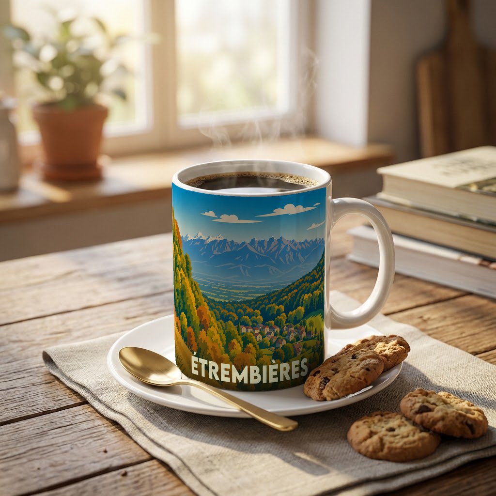 Mug souvenir de la ville d'Étrembières orné d'une illustration stylisée de paysages montagneux.