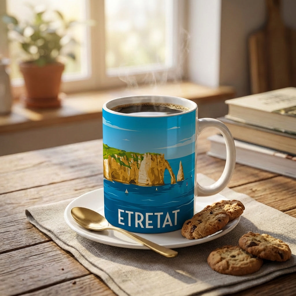 Mug souvenir d'Étretat avec une illustration stylisée de ses célèbres falaises.