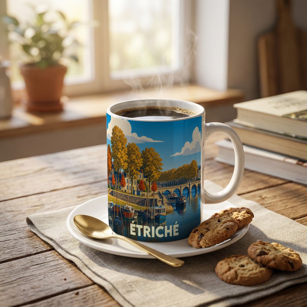 Mug souvenir de la ville d'Étriché avec une illustration stylisée des bords de la Sarthe.