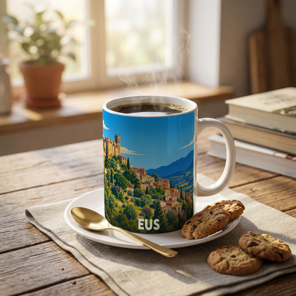 Mug souvenir de la ville de Eus avec une illustration stylisée de son village perché.