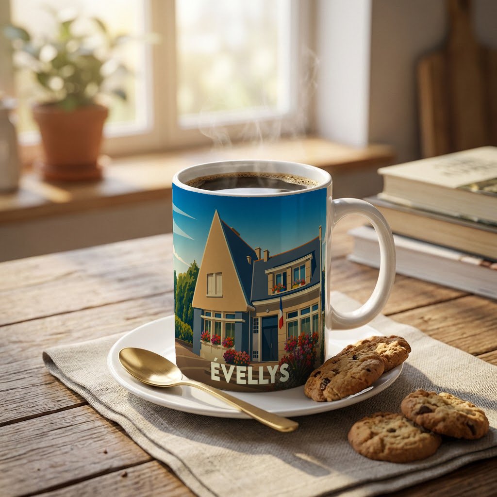 Mug souvenir de la ville d'Évellys avec une illustration stylisée d'une maison traditionnelle.