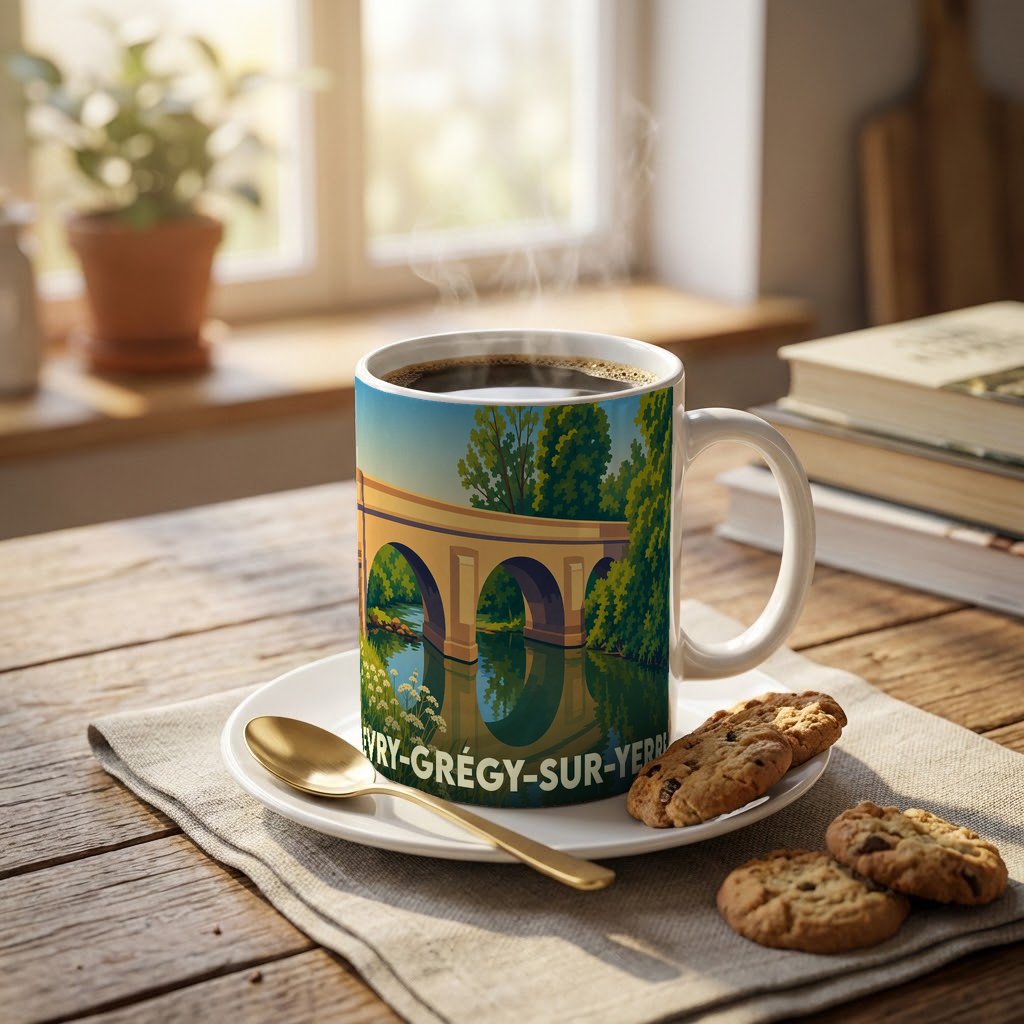 Mug souvenir de la ville d'Évry-Grégy-sur-Yerre orné d'une illustration stylisée de son pont historique.